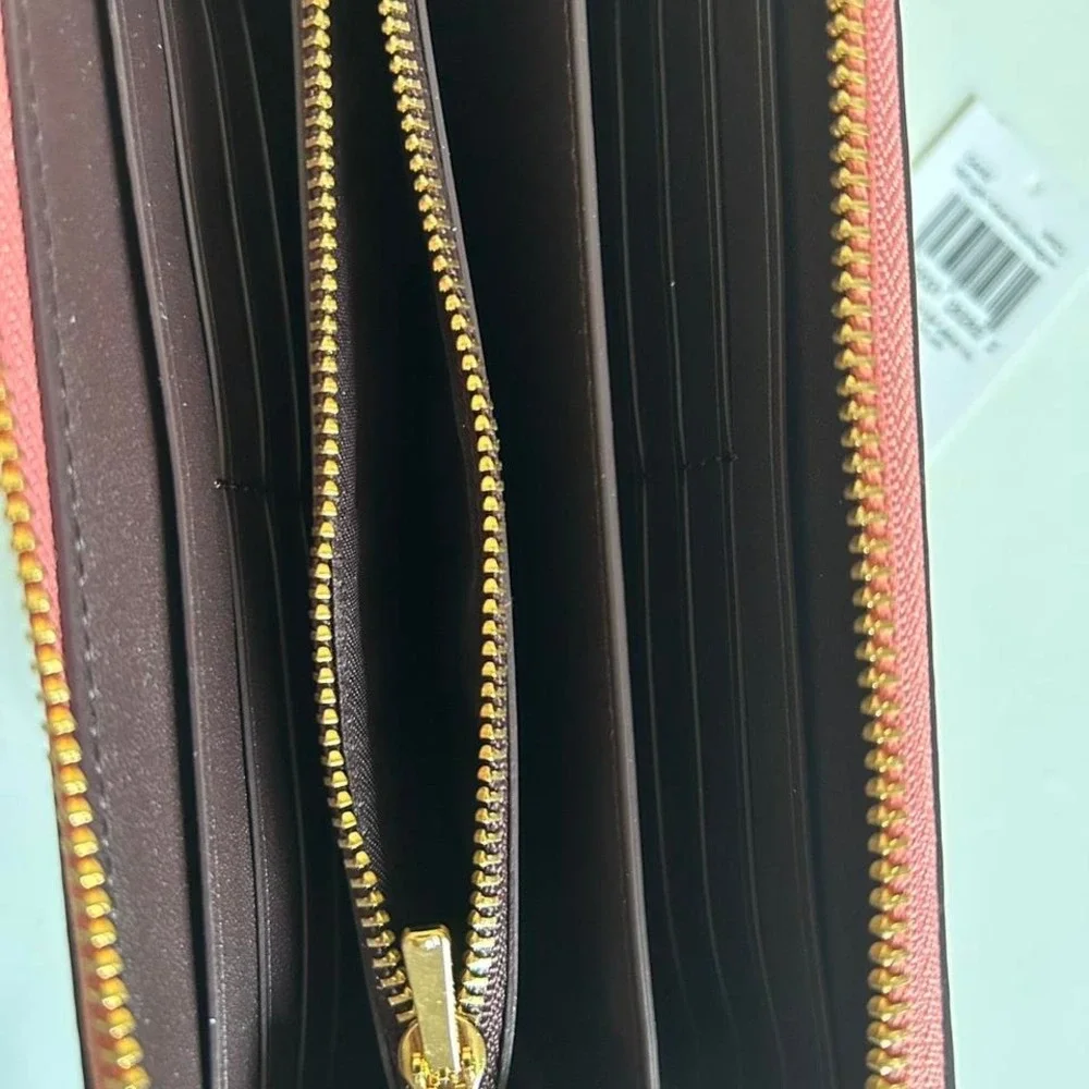 Coach‎ Signature Long Zip Around Wallet Khaki Pink Canvas New C4452